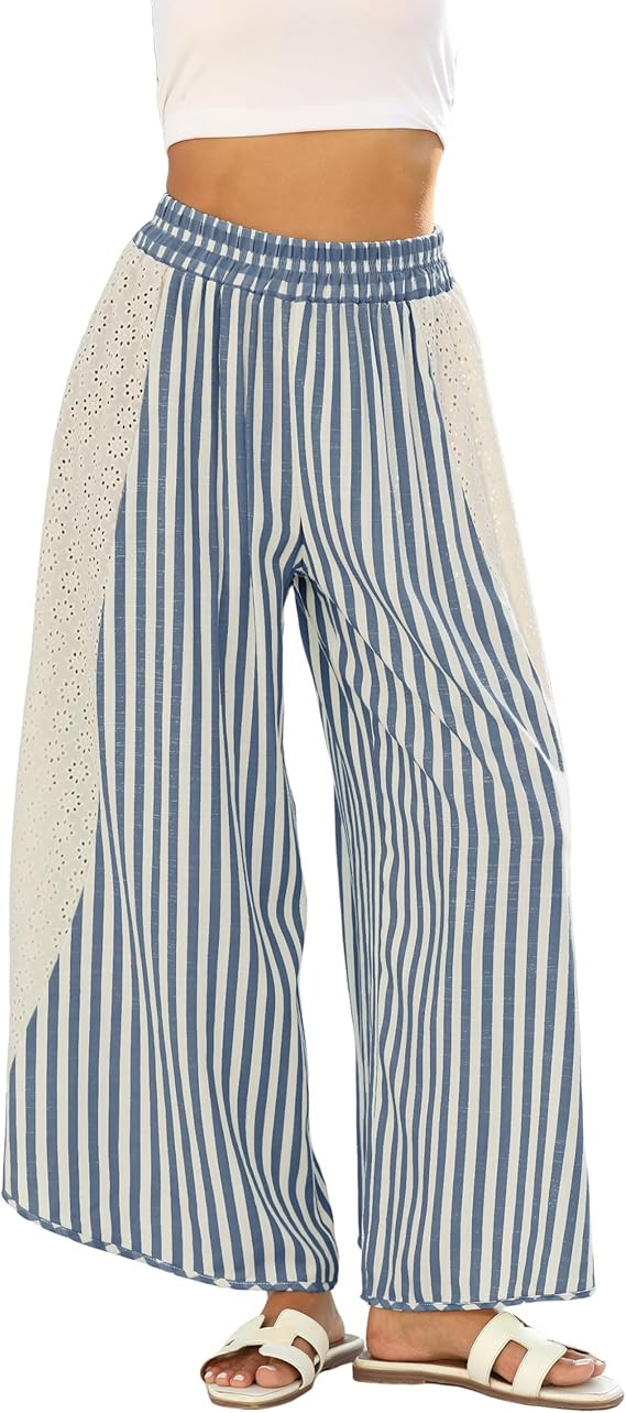 Athlisan Womens Summer Casual Loose Striped Wide Leg Lounge Pants Elastic Waist Palazzo Trousers | Amazon (US)