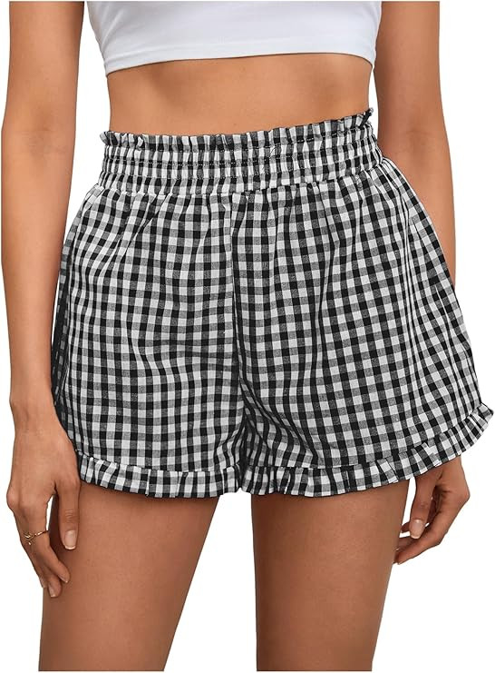 MakeMeChic Women's Gingham Ruffle Boxer Shorts Elastic High Waist Pajamas Lounge Shorts | Amazon (US)