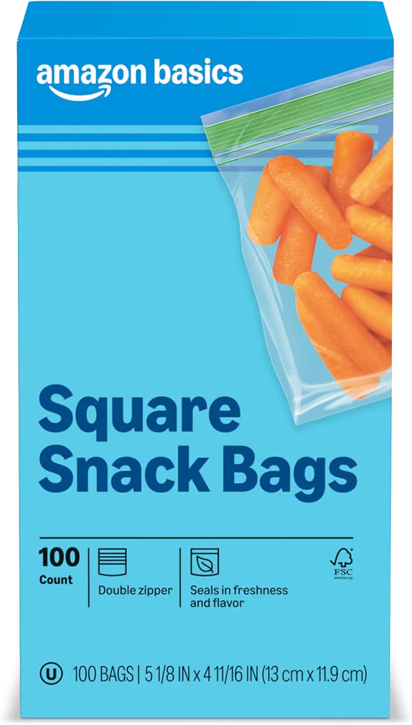 Amazon Basics Square Snack Bags with Double Zipper, Seals in Freshness, 5 1/8" x 4 11/16", 100 Co... | Amazon (US)