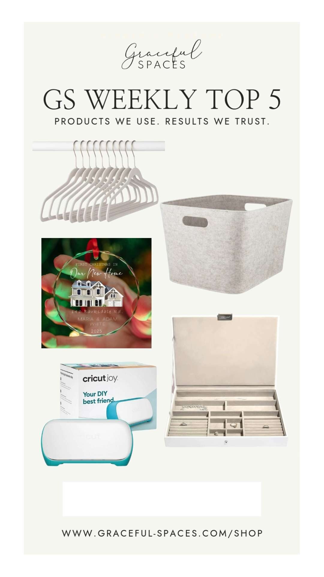 Loving our weekly Top 5!  Flocked hangers and felt baskets from our Cedar & Oak Home Tour, Personalized Home Ornament and Stackers Jewelry Box from our gift guides, and a Cricut Joy - which would make a wonderful Christmas gift! 

 #LTKGiftGuide #LTKHome #LTKFindsUnder100