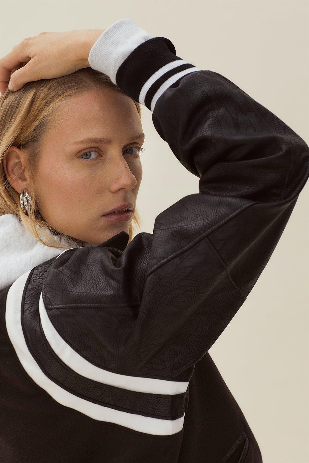 Faux Leather Two Tone Stripe Relaxed Varsity Jacket | Nasty Gal (US)