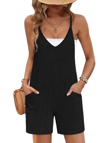 Ekouaer Rompers for Women Summer Casual Sleeveless Spaghetti Strap Maternity Jumpsuit Ribbed Vacation Shorts Overalls with Pockets Black S | Amazon (US)