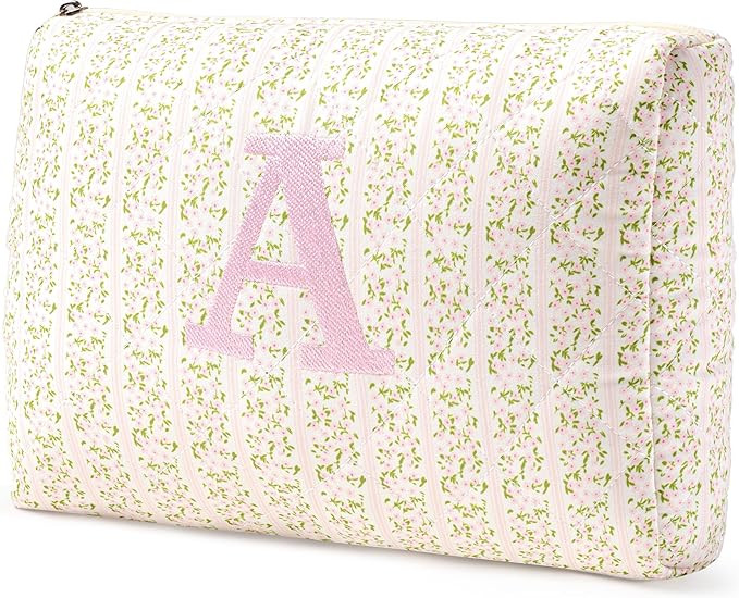 HBselect Initial Quilted Makeup Bag, Pink Cosmetic Travel Toiletry Bag, Flowers Coquette Zipper M... | Amazon (US)