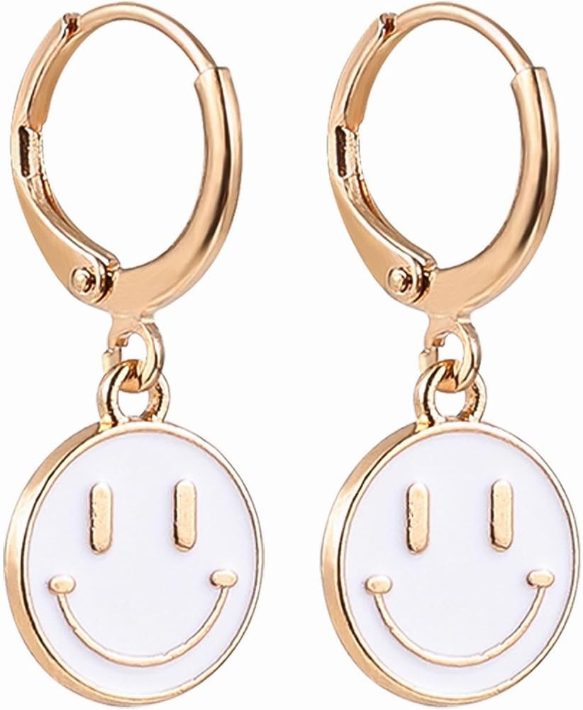 Smiley Face Earrings Huggie Hoop Y2K Preppy Happy Lightning Bolt Heart Star Small Dangle Colorful... | Amazon (US)
