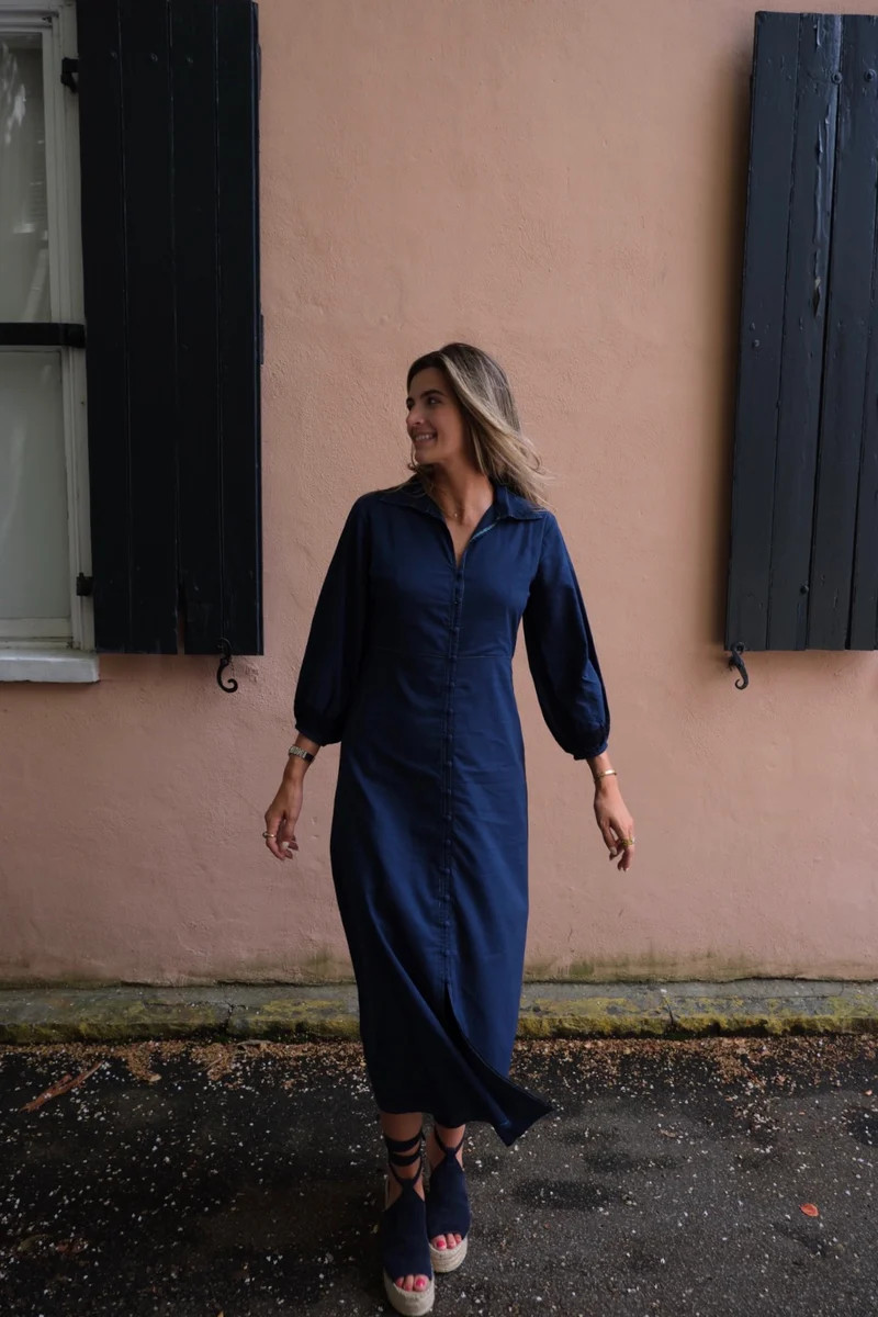 Kelly Maxi Dress Navy with Navy Embroidered Cuff | Madison Mathews