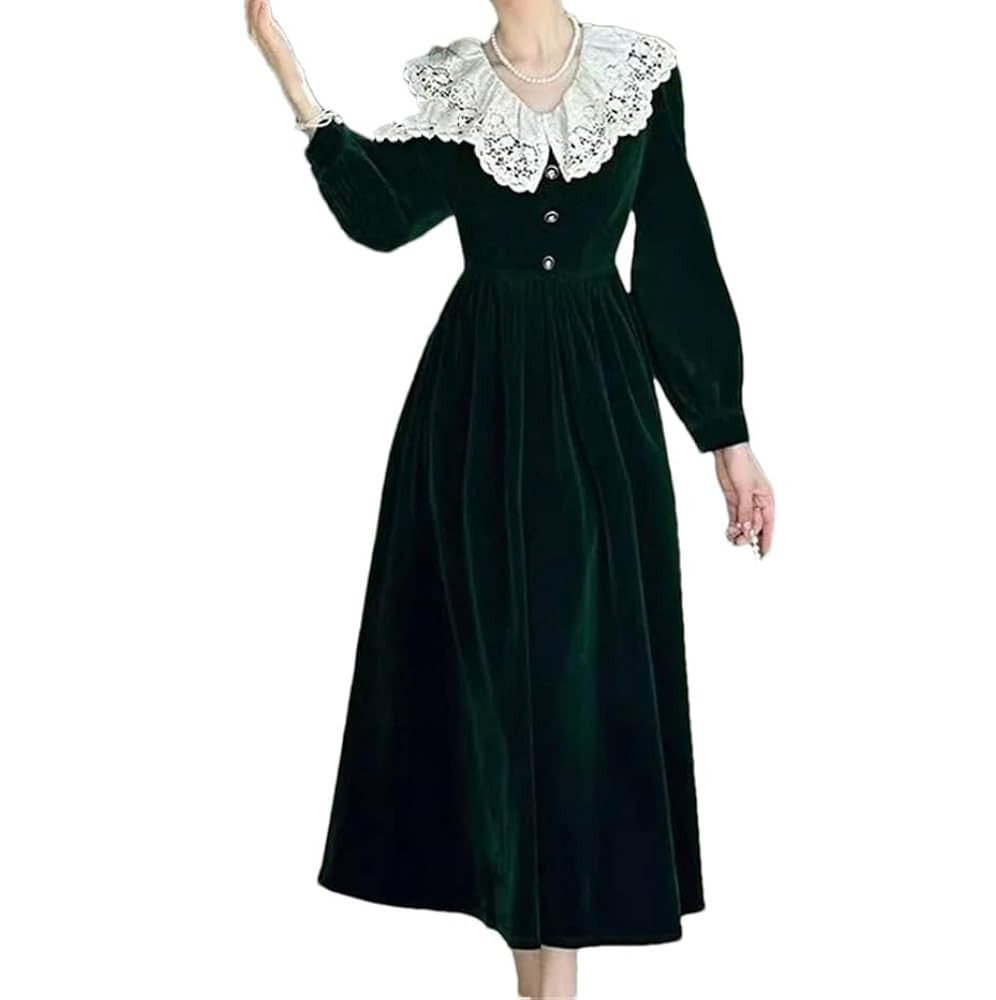 Women's Lace Patchwork Pan Collar Dresses Slim Waist Casual A-Line Long Dress Autumn | Amazon (UK)