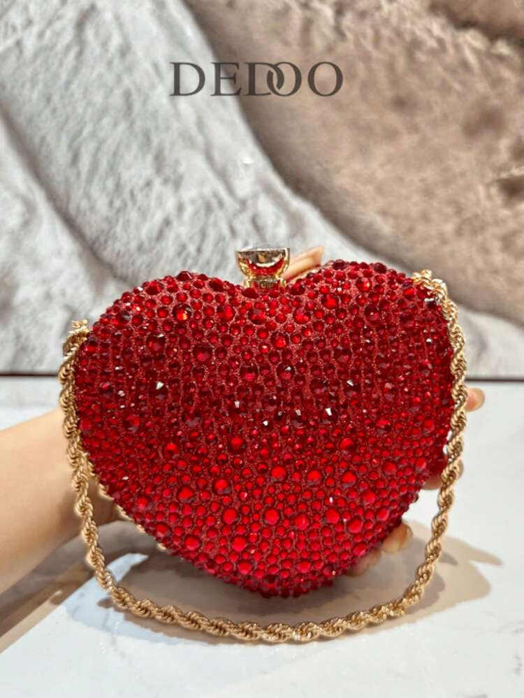 1pc Ladies Fashion Red Heart Shape Rhinestone Handbag Design Wedding Clutch Evening Bags Women Party Dinner Clutch Purse, Suitable For Formal Occasions Like Dinner Party,Wedding,Banquet,As Gift For Women , Wedding | SHEIN