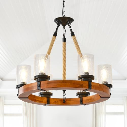 26" Wooden Wagon Wheel Chandelier 6-Light Rustic Chandelier Light Fixture | Amazon (US)