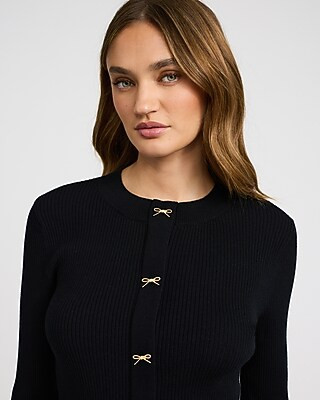 Airy Soft Skimming Ribbed Bow Button Cardigan | Express