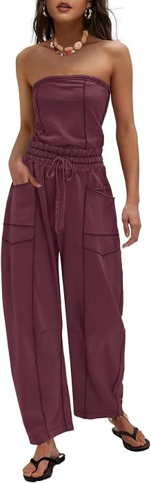 Womens Casual Strapless Jumpsuits off the Shoulder Summer Rompers Sleeveless One Piece Outfits wi... | Amazon (US)