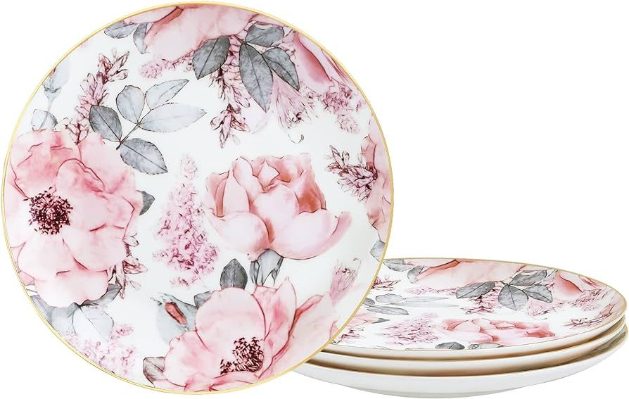 fanquare 8" Bone China Salad Plates with Gold Trim, Pink Floral Pasta Bowls Set of 4, Porcelain D... | Amazon (US)