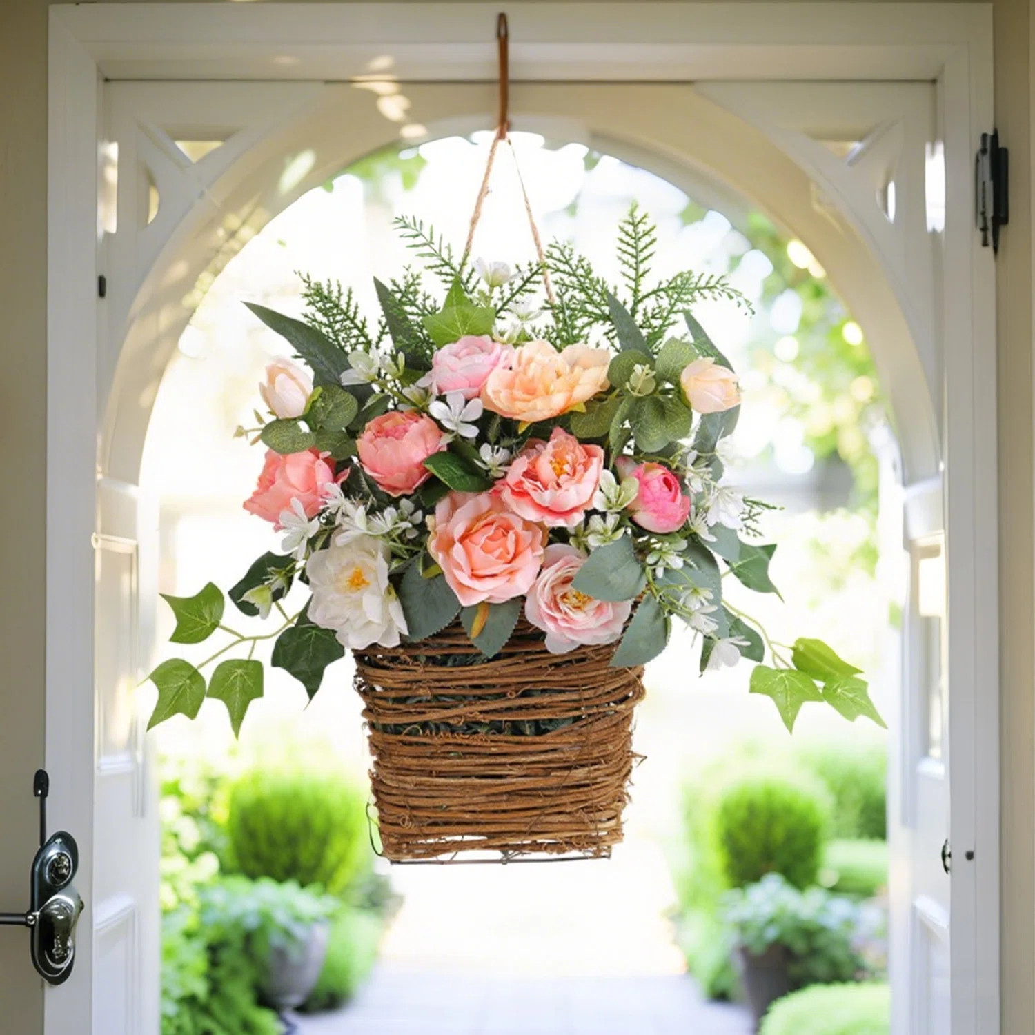 Door Hanger Basket Wreath, Artificial Rose Ratten Woven Basket, Front Door Hanging Welcome Sign, ... | Wayfair North America