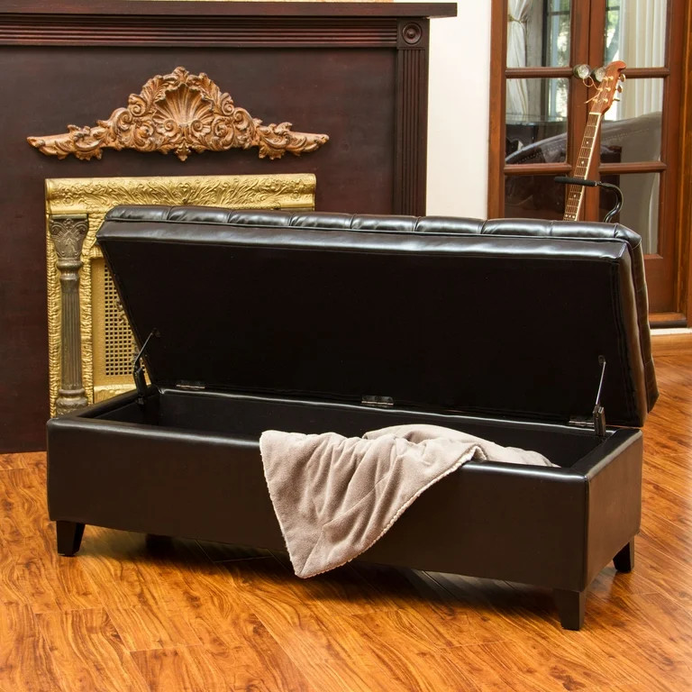 Noble House Haden Tufted Espresso Bonded Leather Storage Ottoman - Walmart.com | Walmart (US)