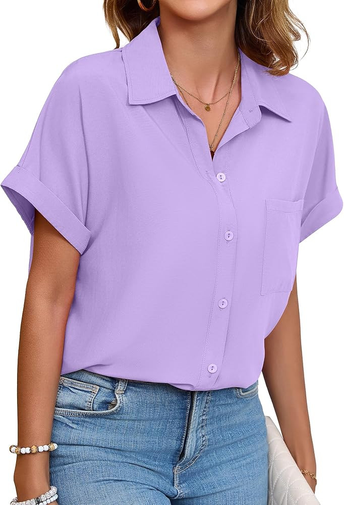 Womens Button Down Shirt Casual Short Sleeve Collared Work Blouse with Pocket | Amazon (US)