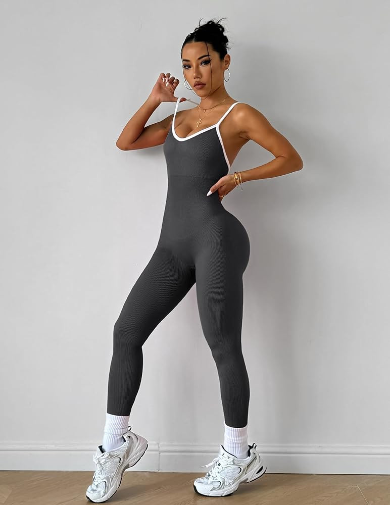 Amazon.com: Women’s Strappy Backless One-Piece Jumpsuit, Sexy Racerback Tummy Control Workout R... | Amazon (US)