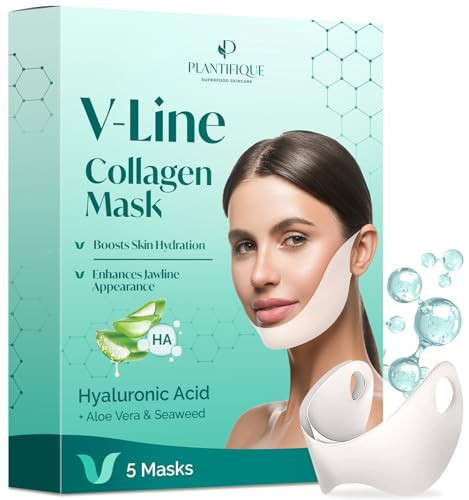 PLANTIFIQUE V-Line Collagen Mask for face 5 PCS | Chin Strap for Women & Men | V Line Lifting Mask with Collagen and Hyaluronic Acid V Shape Face Tape Chin | Skin Firming | Amazon (US)