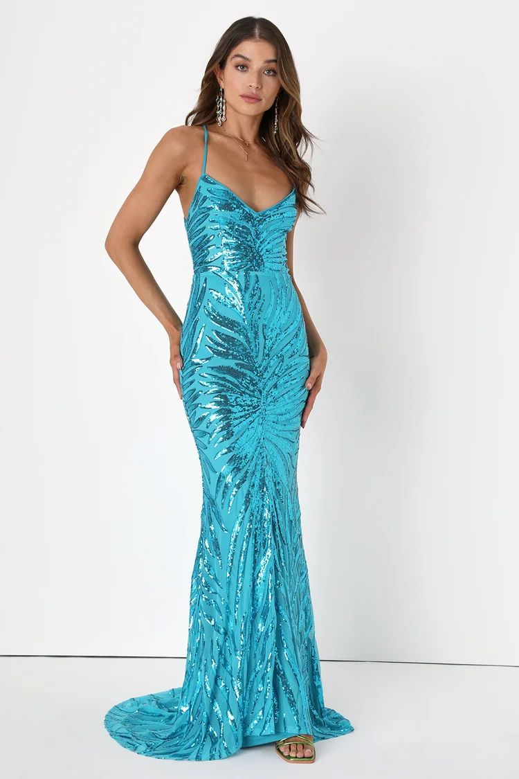 Sparkle 'til Dawn Teal Blue Sequin Lace-Up Mermaid Maxi Dress | Lulus (US)