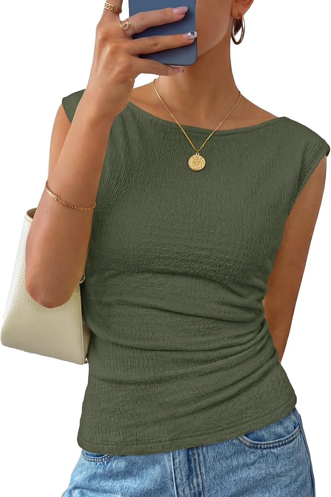 ZESICA Women's Summer Ruched Trendy Tank Top 2026 Cap Sleeve Boat Neck Slim Fit Cute Tops Going O... | Amazon (US)