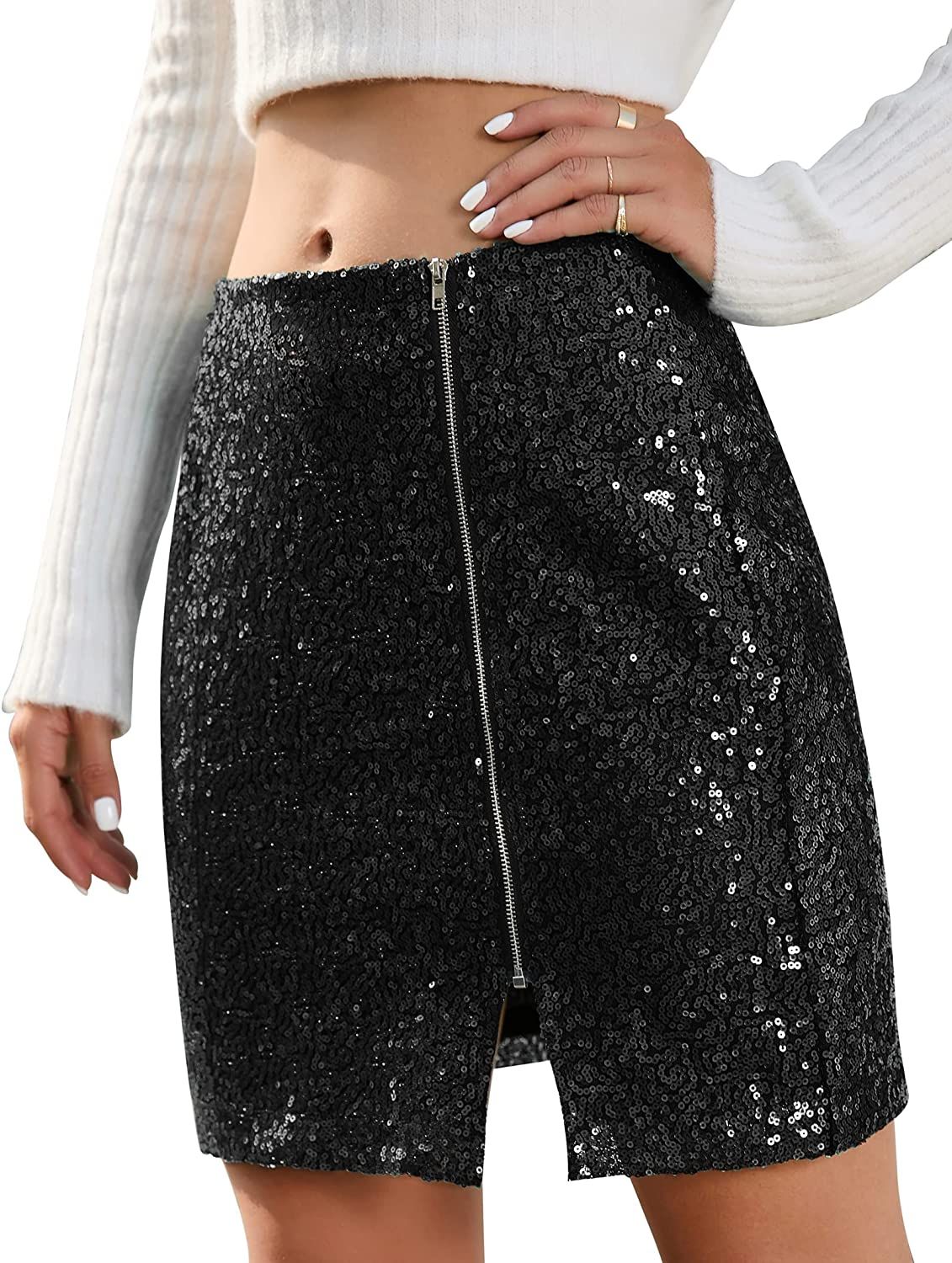 KOJOOIN Women's Sequin Skirt High Waist Split Front Zip Up Mini Bodycon Skirt Stretchy Sparkle Sh... | Amazon (US)