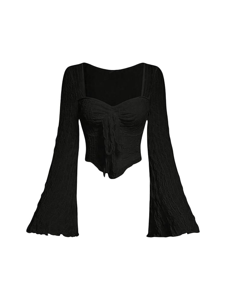 SOLY HUX Women's Long Bell Sleeve Tops Mesh Sweetheart Neck Going Out Crop Top Casual Asymmetrica... | Amazon (US)