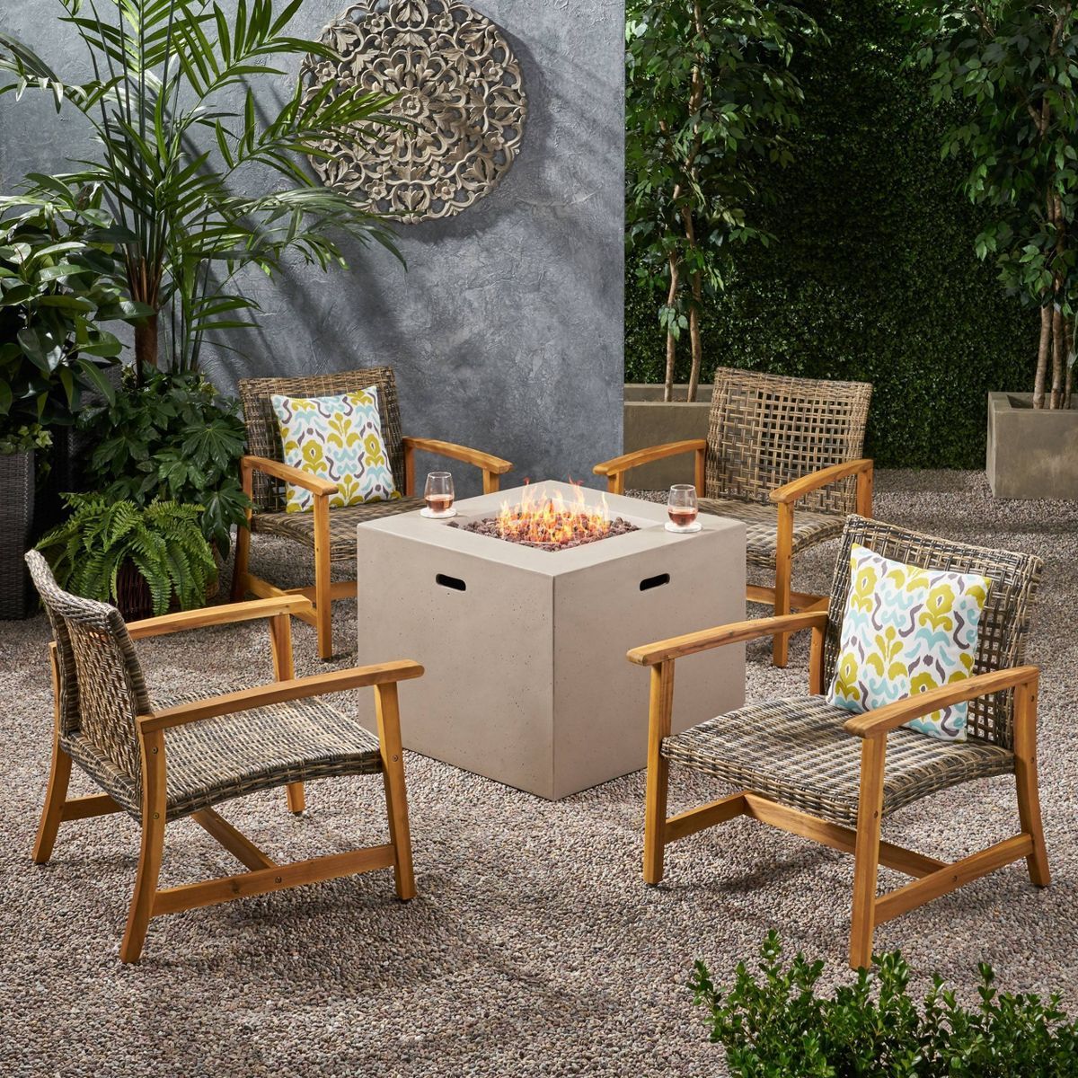 Augusta 5pc Wood & Wicker Club Chairs & Fire Pit Set - Natural/Gray/Light Gray - Christopher Knig... | Target