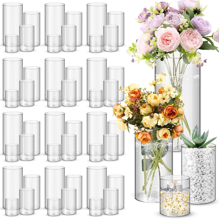 Nuogo 48 Pcs Plastic Cylinder Vases Tall Clear Flower Vases for Centerpieces Hurricane Candle Hol... | Amazon (US)