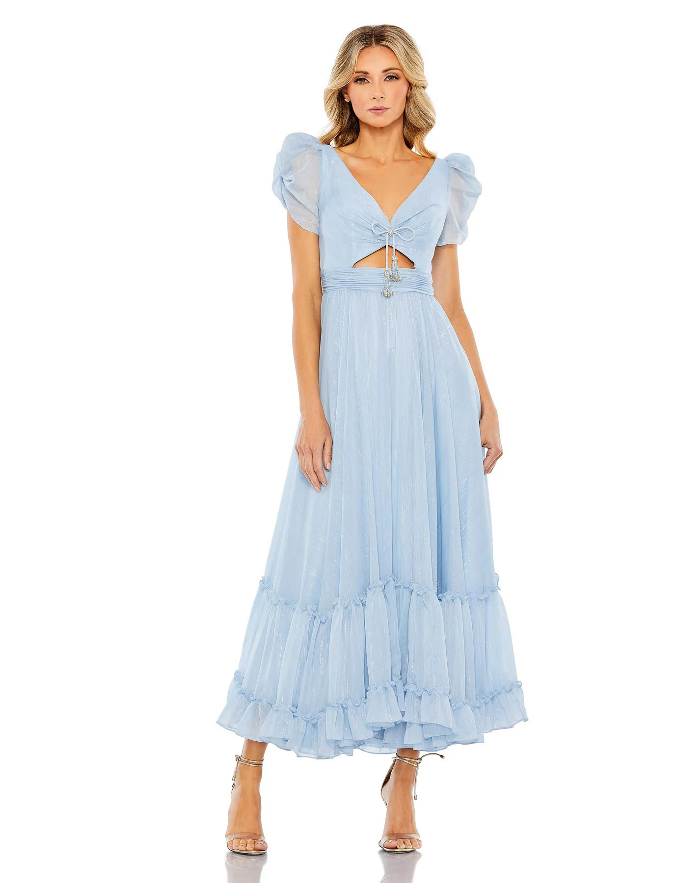 Ruffle Tiered Metallic Ruched Shoulder Dress | Mac Duggal