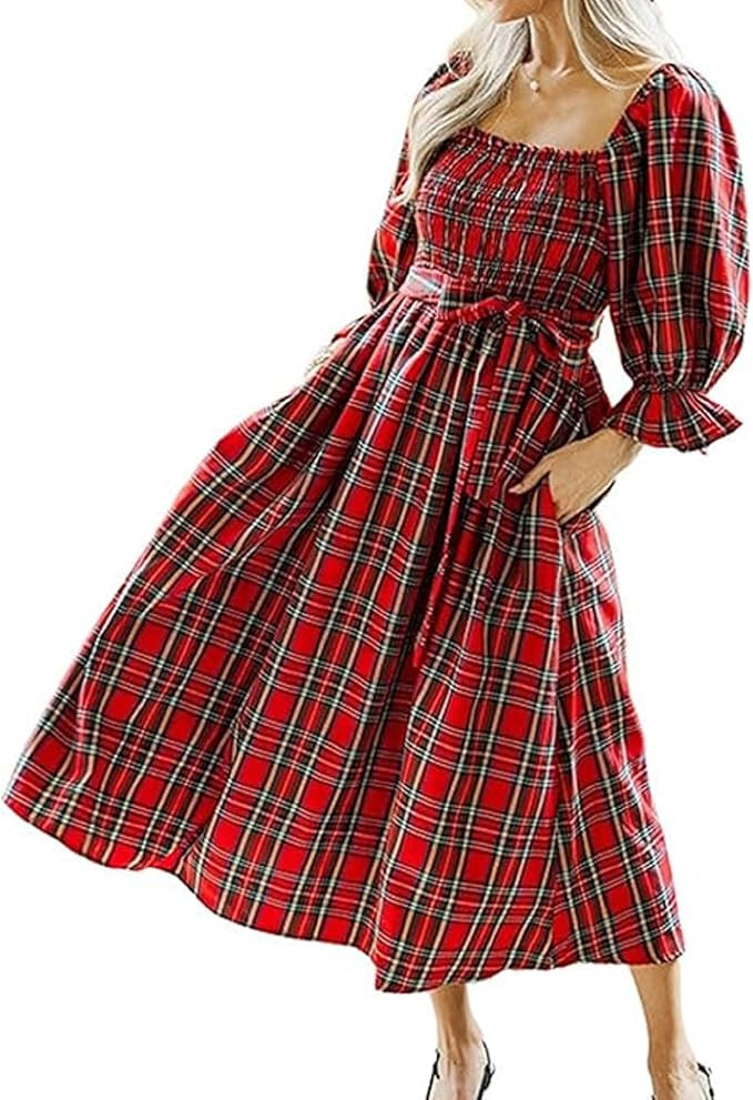 Women Christmas Plaid Party Dress Puff Sleeve Smocked Ruffle Long Dress Cute Bow Belted Gingham F... | Amazon (US)