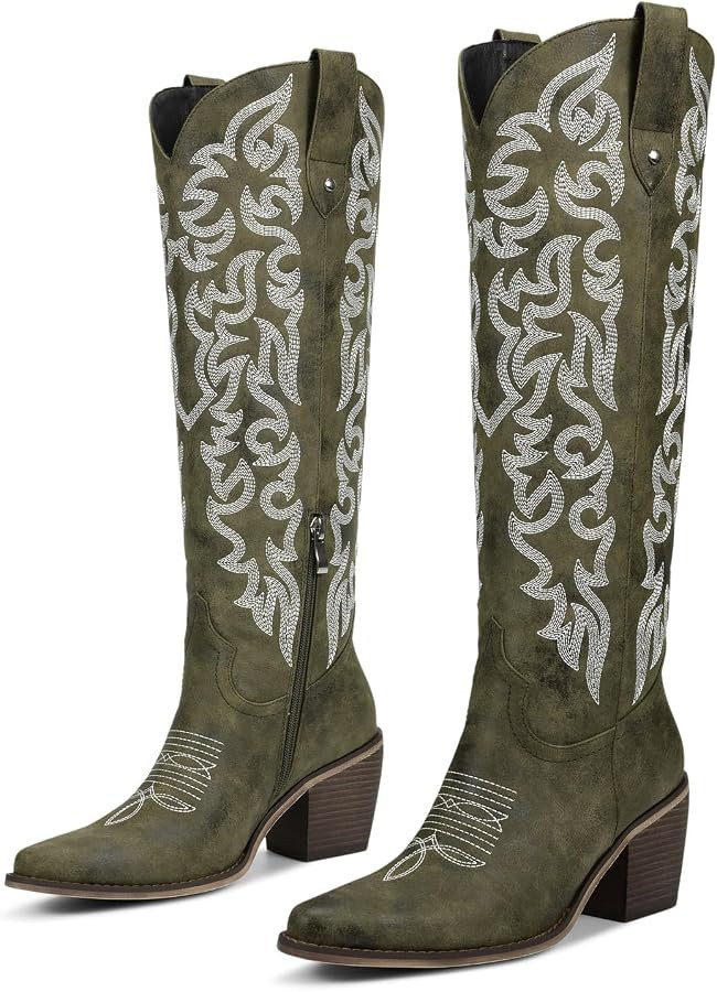 wetkiss Women's Knee High Cowboy Boots - Western Cowgirl Boots with Embroidered Pointed Toe, PU L... | Amazon (US)