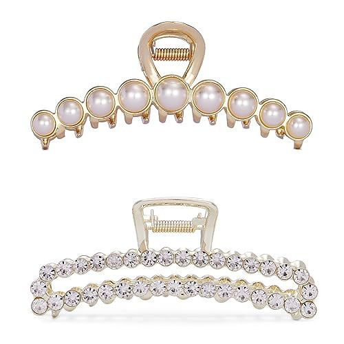 Metal Rhinestone Hair Claw Clips Imitation Pearl Hair Jaw Clips Non Slip Barrettes Hair Clasps Accessories for Women Ladies (2 Pack) | Amazon (US)