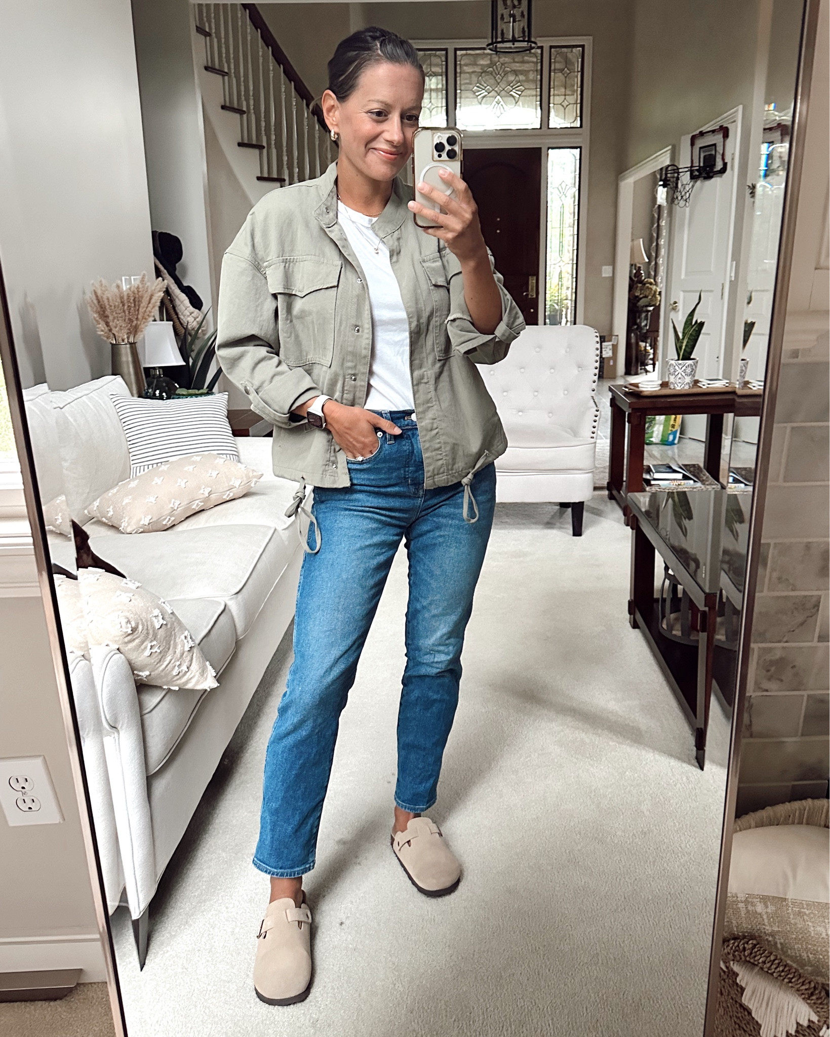 Casual fall outfit of the day! J crew factory jeans (run big), amazon white tee, amazon utility jacket, amazon Birkenstock look for less clogs.



#LTKOver40 #LTKStyleTip #LTKFindsUnder50