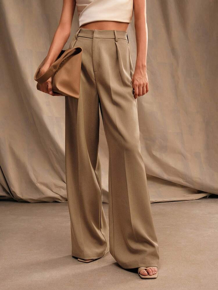 Anewsta Tall Elegant Stylish Pleated Design Khaki Women's Straight Leg Pants With Pockets, Suitable For Tall, Fall, Winter, Summer, Spring, New Year, Party, Wedding, Elegant, Chic, Stylish, Business Casual | SHEIN