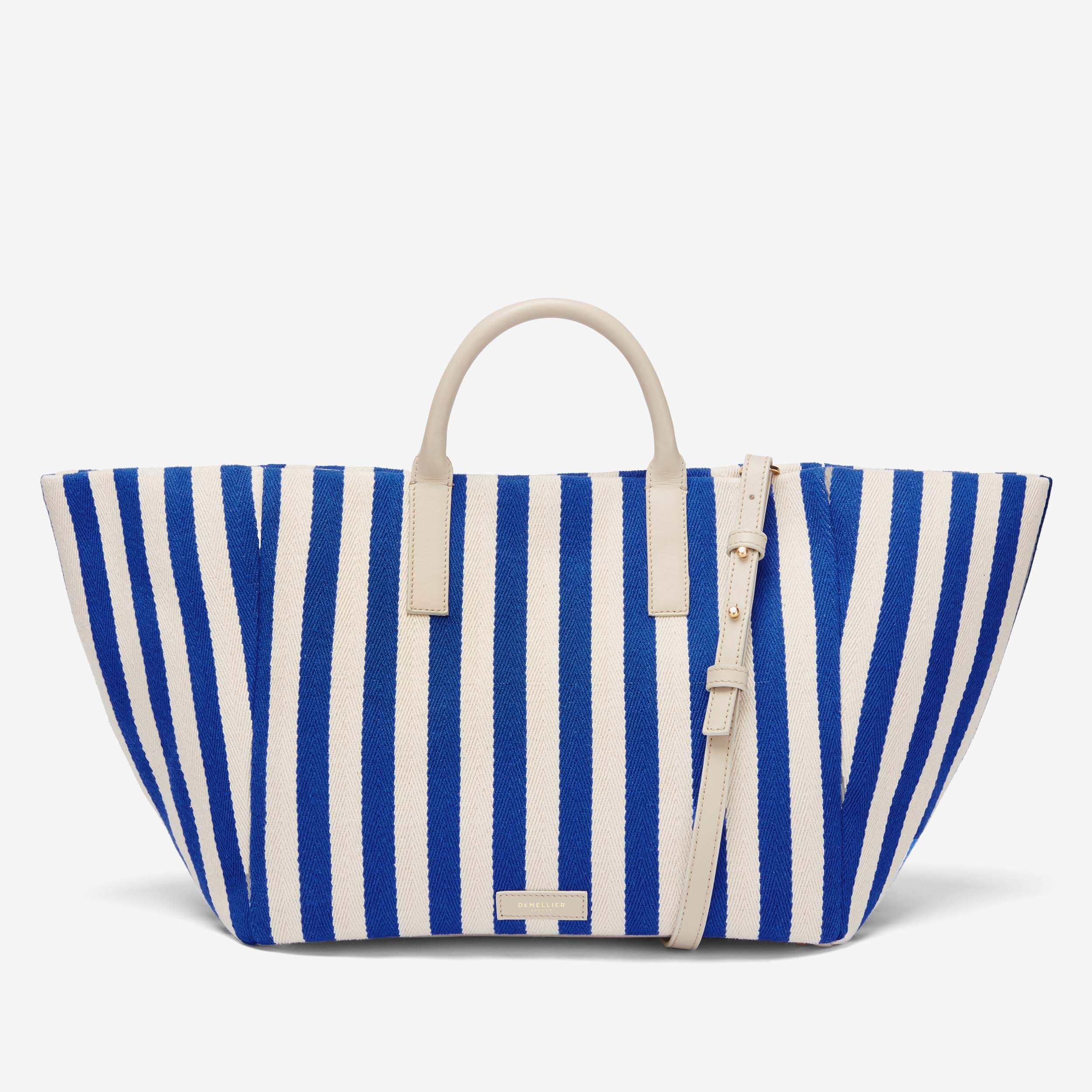 The Lisbon Tote | Cobalt Blue Striped Cotton Canvas & Off-White Smooth | DeMellier | DeMellier