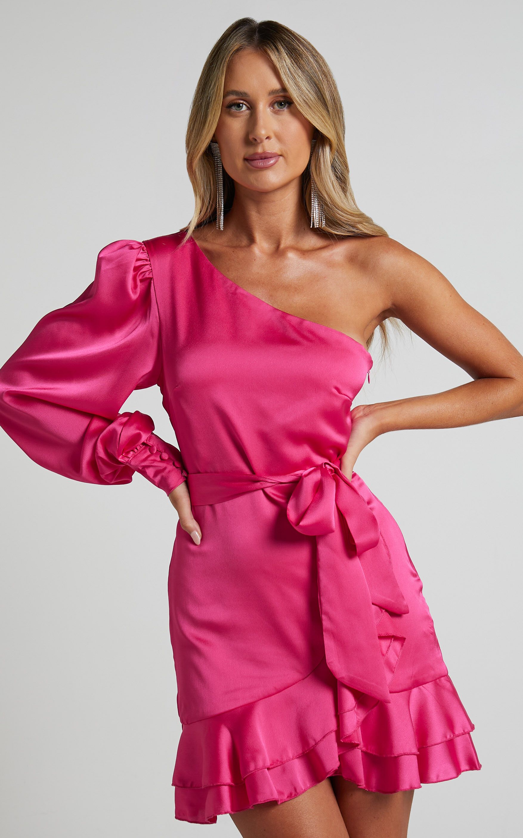 Alessia Asymmetrical One Shoulder Sleeve Ruffle Mini Dress in Fuchsia | Showpo (US, UK & Europe)