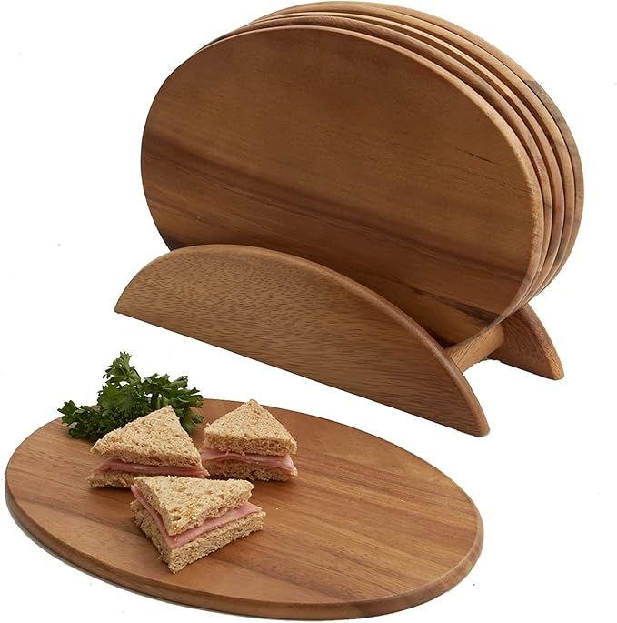 6 Acacia Wood Serving Boards with Stand, Perfect for Serving, Sushi, Cheese, Hors d'oeuvre, Charc... | Amazon (US)