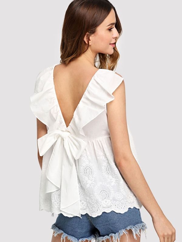 Bow Tie Ruffle V-Back Embroidered Top | SHEIN