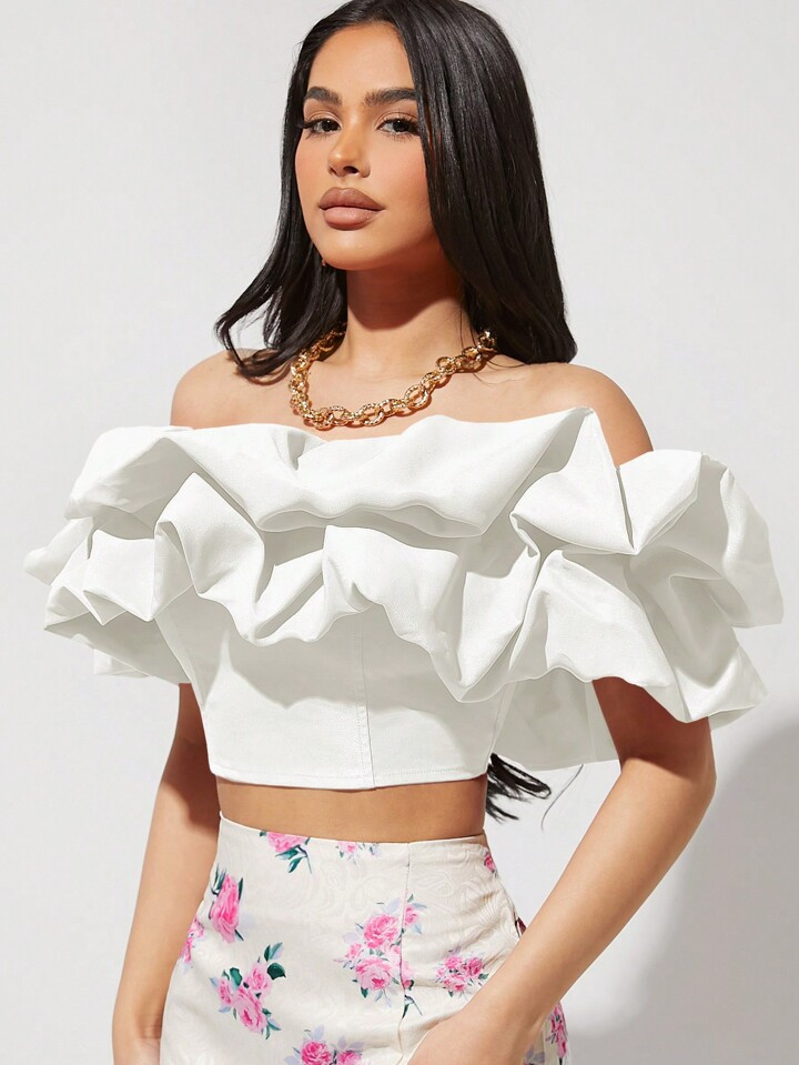 SHEIN Haute Solid Color Off Shoulder Exaggerated Ruffle Hem Top | SHEIN