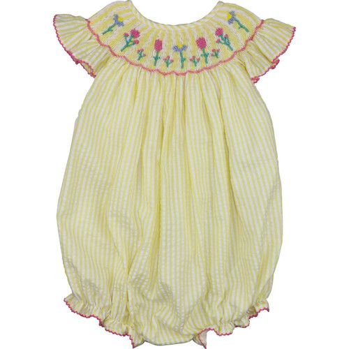Yellow And Pink Seersucker Smocked Flower Bubble | Cecil and Lou