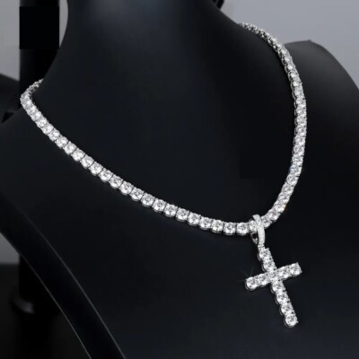 5mm Round Real Moissanite Tennis Necklace Cross Pendant 18" 14K White Gold Over | eBay | eBay US
