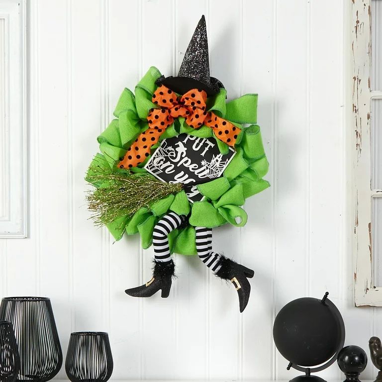 Nearly Natural 26in. Halloween Witch Broom and Hat Mesh Wreath - Walmart.com | Walmart (US)