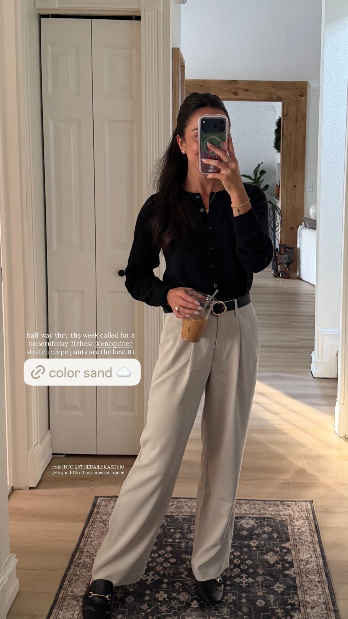 half way thru the week called for a no scrub day !!! these @onequince stretch crepe pants are the besttttt #quincepartner  code INFG-25THEDAILYKASEY10 gets you 10% off as a new customer