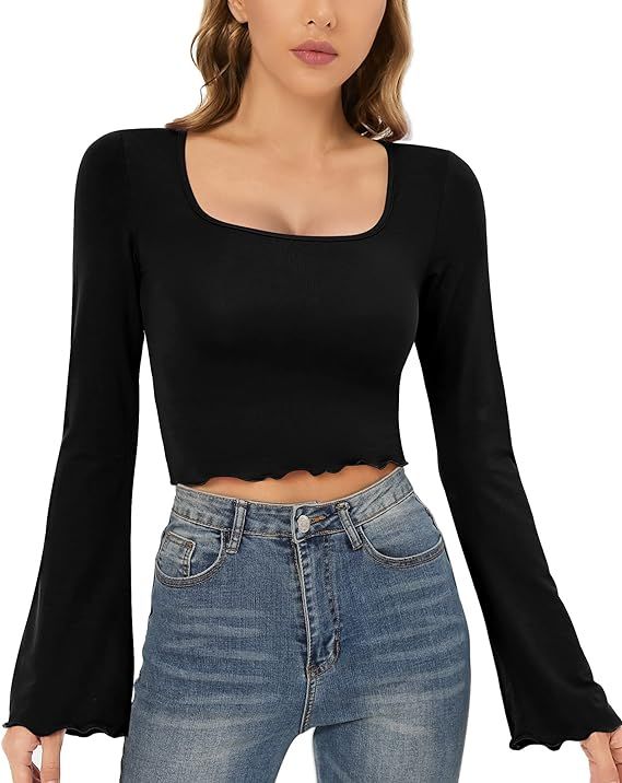 CLOZOZ Crop Tops for Women Square Neck Long Bell Sleeve Tops Lettuce Trim Crop Top Slim Fitted Bl... | Amazon (US)