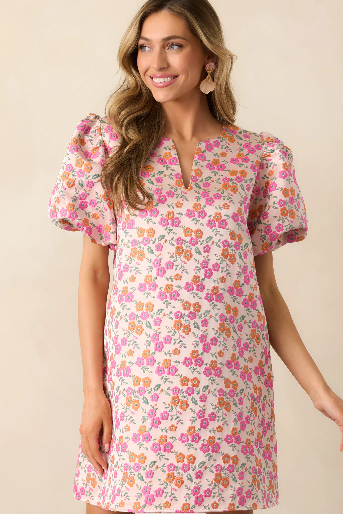 Head In The Clouds Pink Floral Jacquard Mini Dress | Red Dress