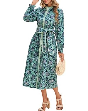 Women Floral Midi Dress Long Sleeve Button Down Shirt Dress with Belt | Amazon (US)
