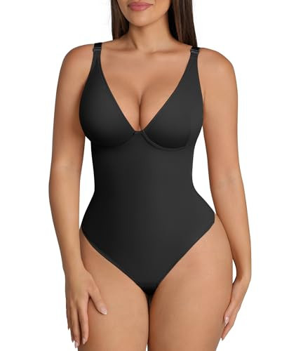 FeelinGirl Shapewear Bodysuits for Women Tummy Control Black Thong Body Suits Corset Top Deep V Neck Body Shaper, Black, Medium | Amazon (US)