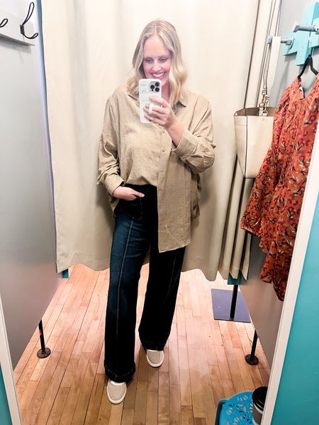 New wide leg jeans - if I’m between sizes size up for waist otherwise fits TTS! I’m in size 16L and usually wear 14 or 16. Linen top runs big I’m in a medium! Sneakers fit TTS 

#LTKstyletip #LTKshoecrush #LTKmidsize