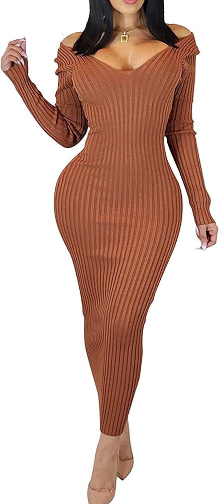 Cinyifaan Women's Casual Off Shoulder Long Sleeves Slim Knit Bodycon Sweater Dress Midi Pencil Dr... | Amazon (US)