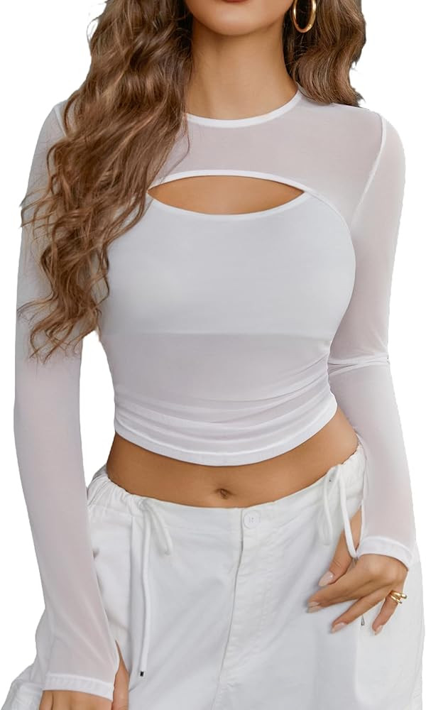 Avidlove Women's Sheer Mesh Long Sleeve Crop Top y2k Sexy Tee Blouse Cutout Clubwear with Thumb H... | Amazon (US)