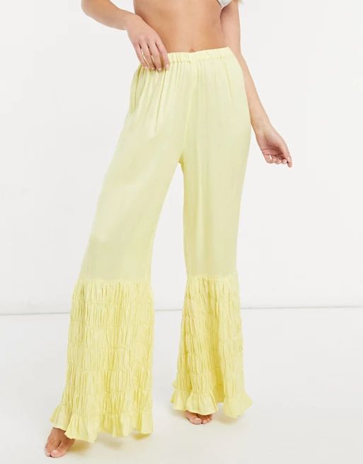 ASOS DESIGN shirred wide leg beach pants in yellow | ASOS (Global)