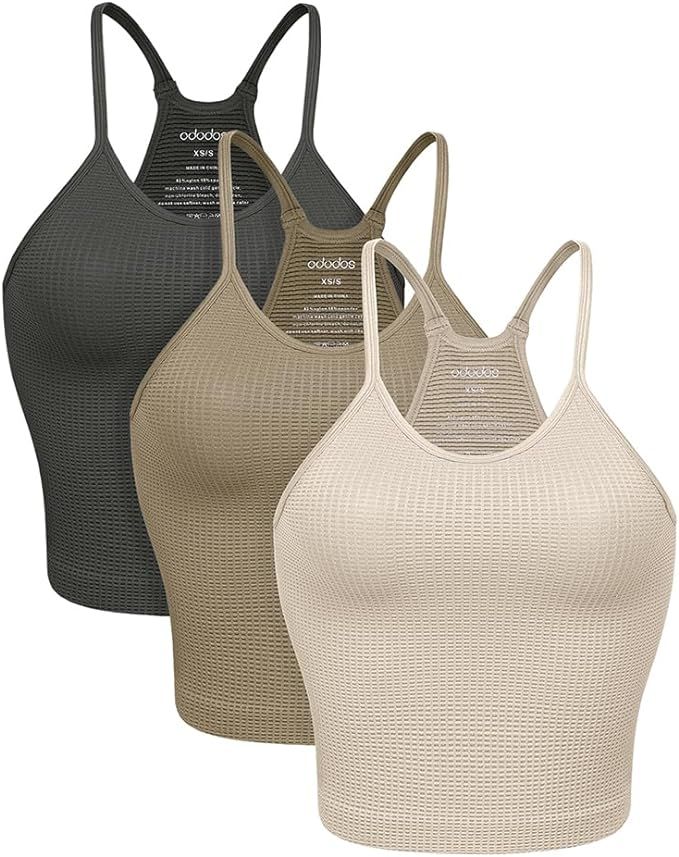 ODODOS Women's Crop 3-Pack Waffle/Herringbone Knit Seamless Camisole Cropped Tank Tops | Amazon (US)